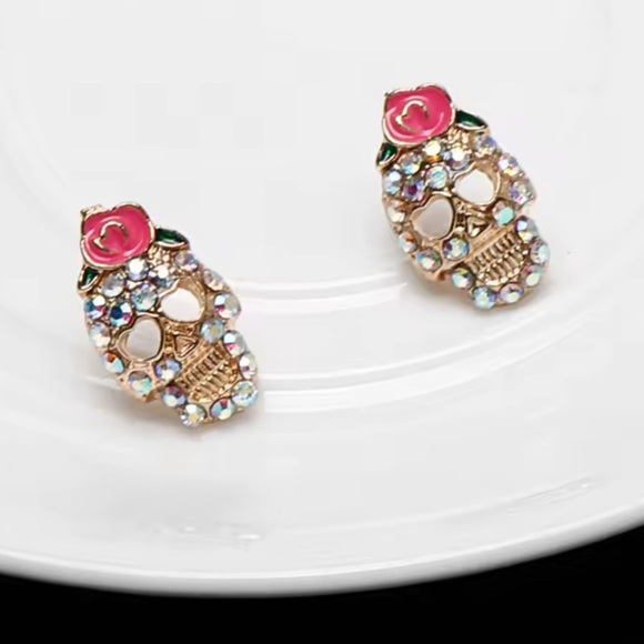 Pink Skull Skeleton Gold Crystal Earrings - Picture 11 of 13